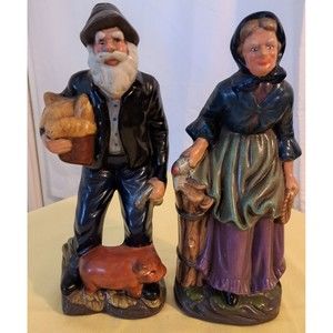 Vintage Elderly Couple Farmers With Pet Pig Grandma Grandpa Walking Figurine